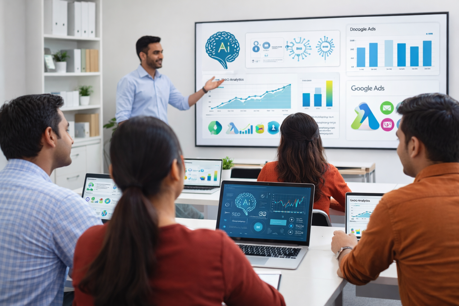 Students learning AI in digital marketing course using AI tools, SEO analytics, and Google Ads dashboards
