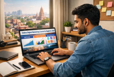 Young Indian entrepreneur learning an online digital marketing course at home, laptop showing SEO dashboard, Google Ads, and social media analytics, modern home-office setup.