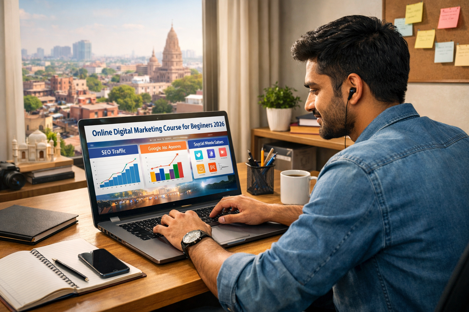 Young Indian entrepreneur learning an online digital marketing course at home, laptop showing SEO dashboard, Google Ads, and social media analytics, modern home-office setup.