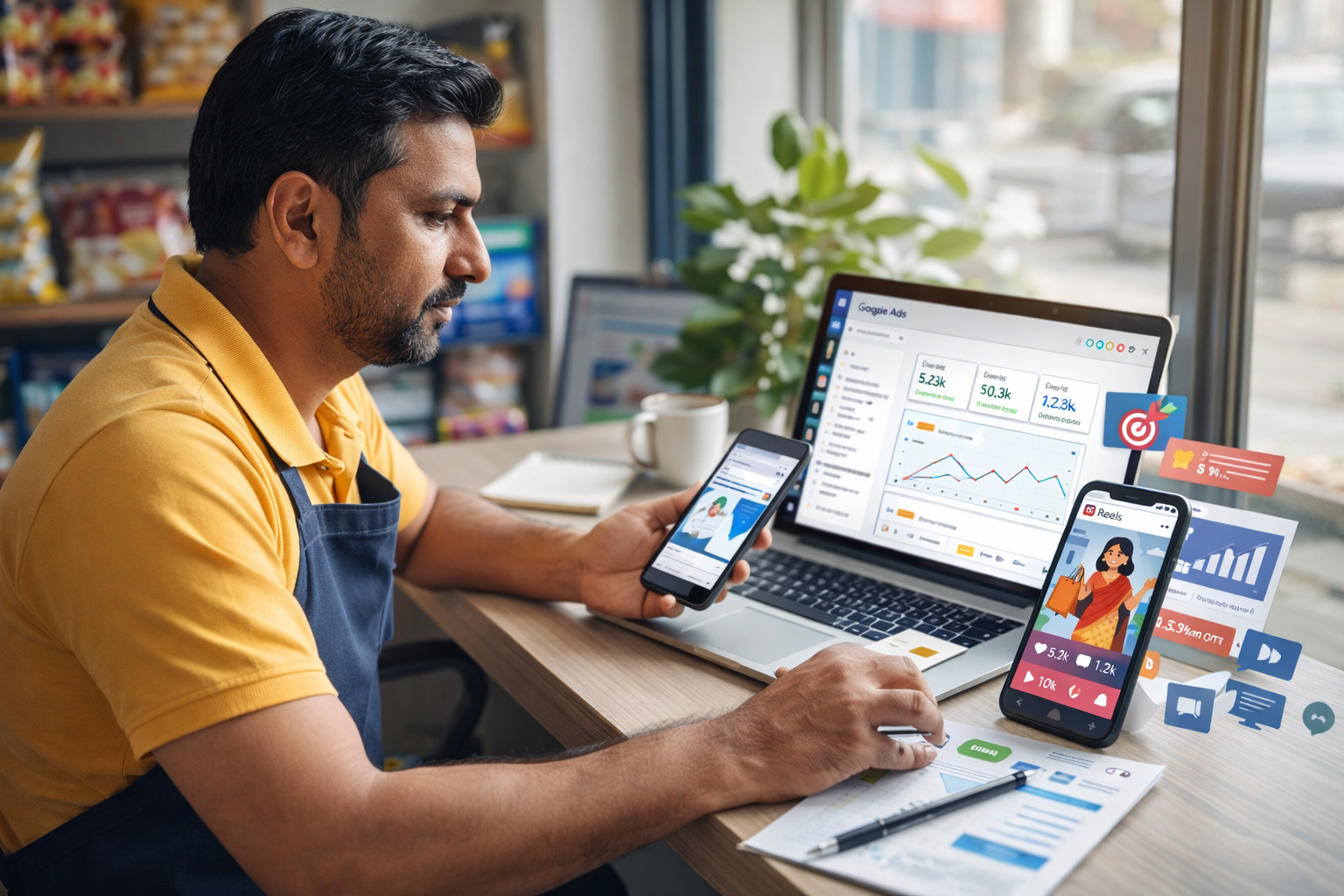 Small business owner in Meerut learning an affordable digital marketing course online using laptop and mobile