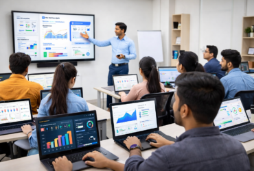 Indian students learning artificial intelligence in digital marketing course in a modern classroom in Meerut