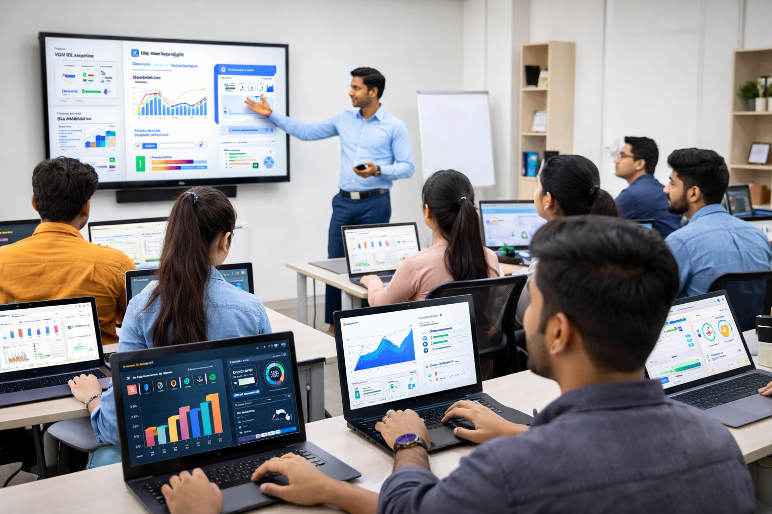 Indian students learning artificial intelligence in digital marketing course in a modern classroom in Meerut