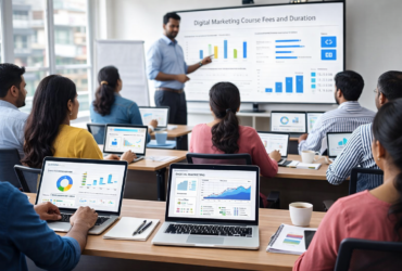 Digital marketing training in Meerut with local business owners learning SEO, Google Ads, and social media marketing while a trainer explains digital marketing course fees and duration in a modern classroom setup.