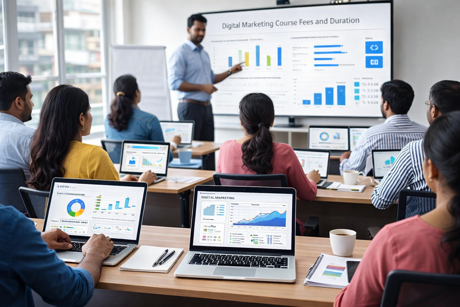 Digital marketing training in Meerut with local business owners learning SEO, Google Ads, and social media marketing while a trainer explains digital marketing course fees and duration in a modern classroom setup.