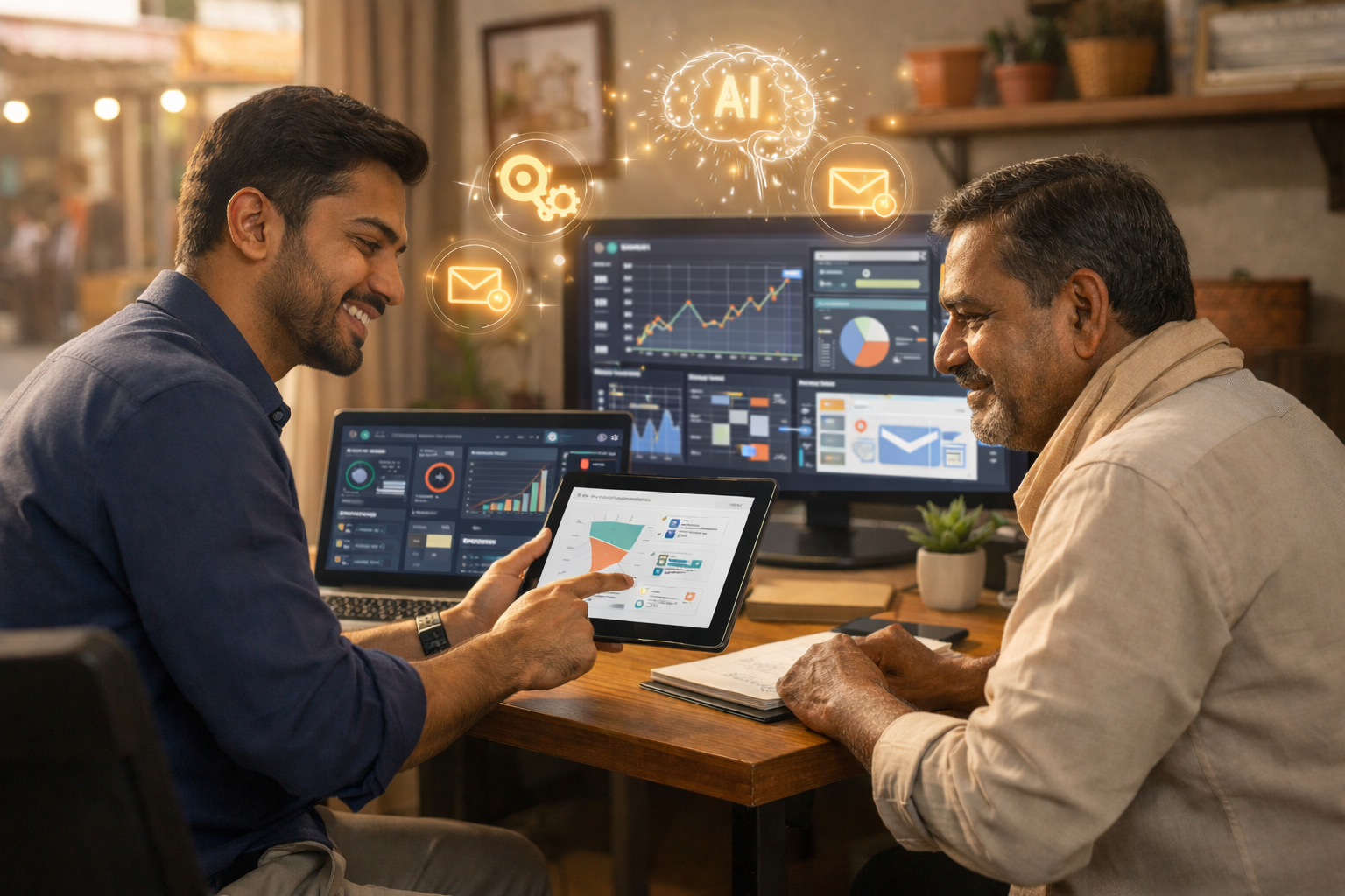Professional digital marketer showing AI tools for digital marketing 2026 to a small business owner in Meerut using laptop and tablet. Screens display social media dashboards, predictive analytics, and automated campaigns.