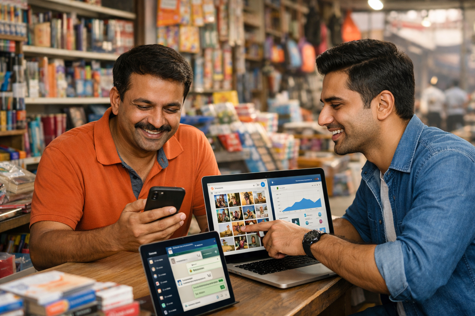 Local shop owner in Meerut managing social media marketing for his shop with digital marketing expert support